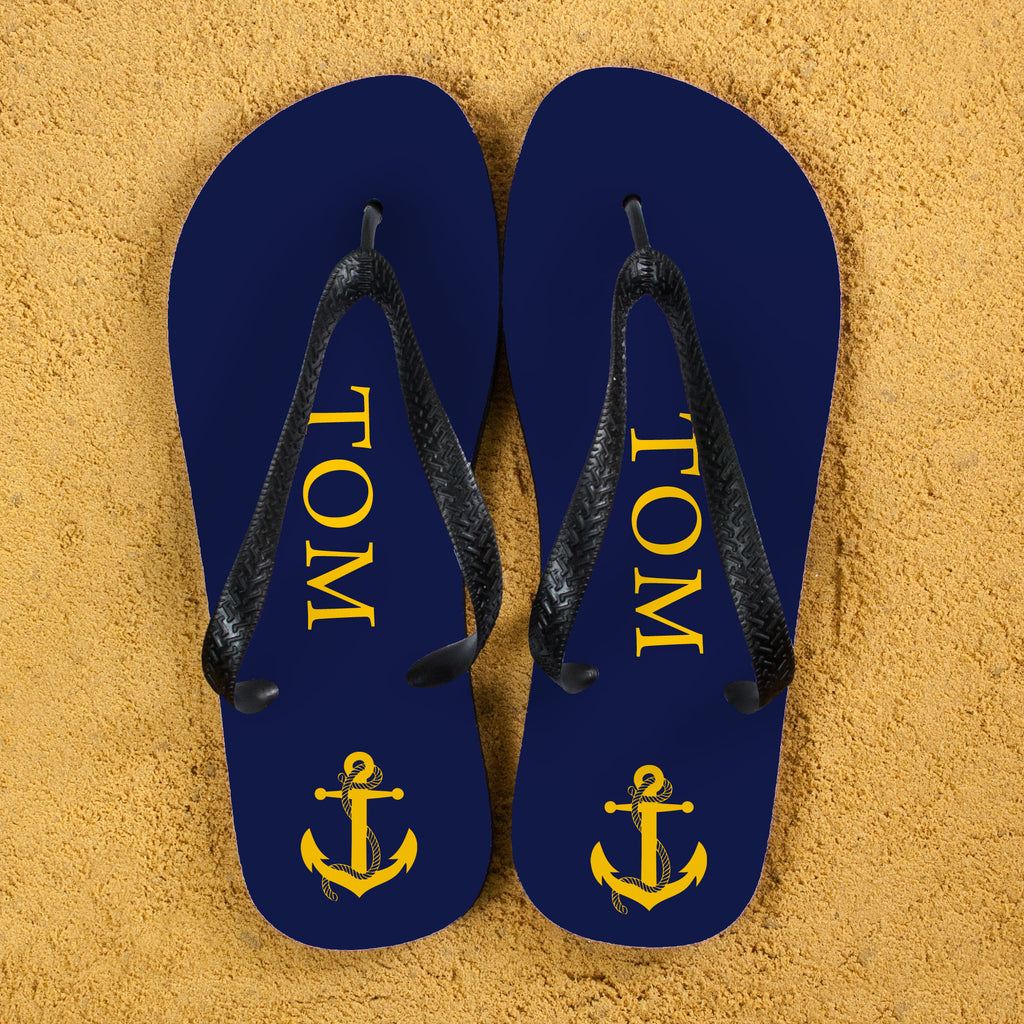 Anchor style Personalised Flip Flops in Blue and Yellow - treat-republic