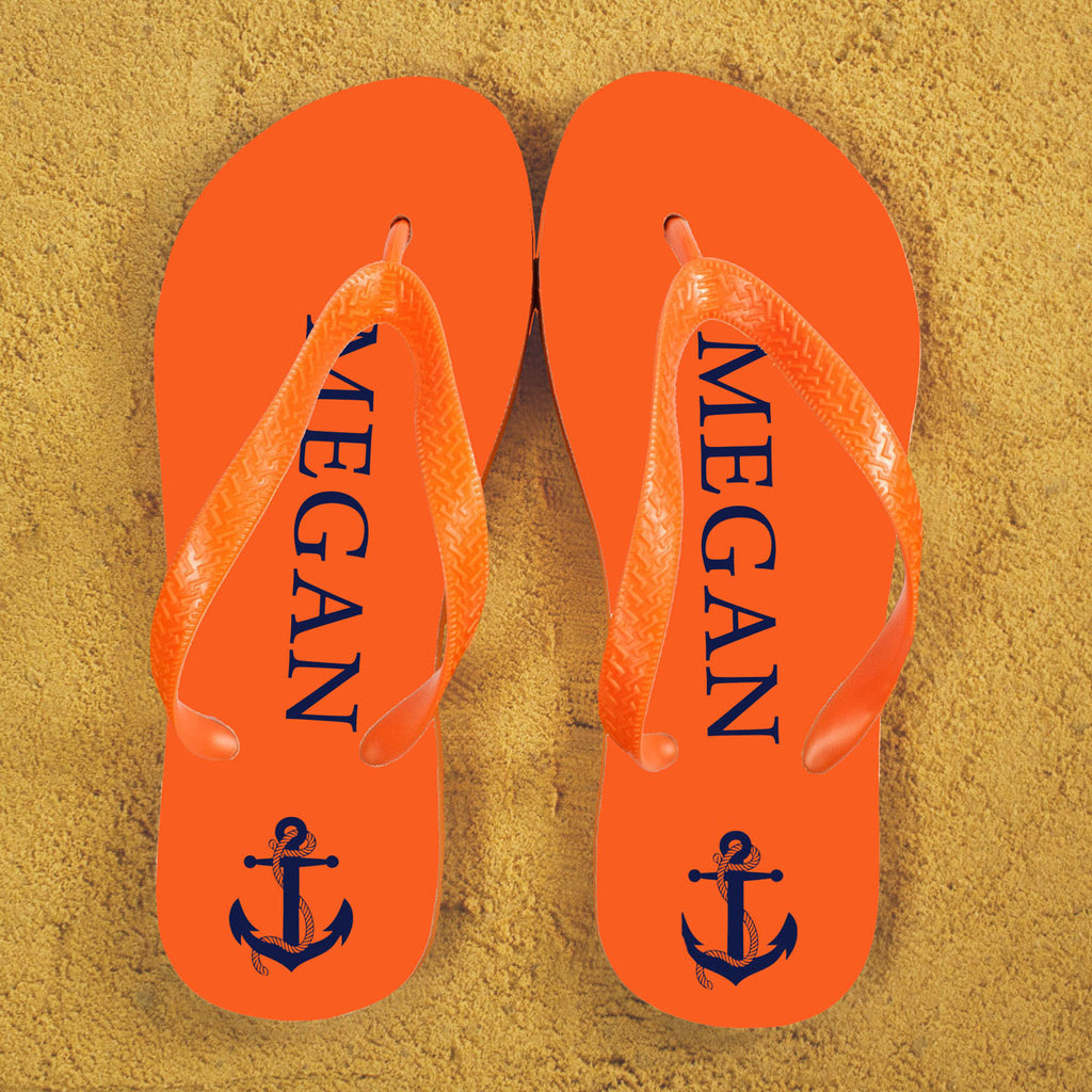 Anchor style Personalised Flip Flops in Orange and Blue - treat-republic