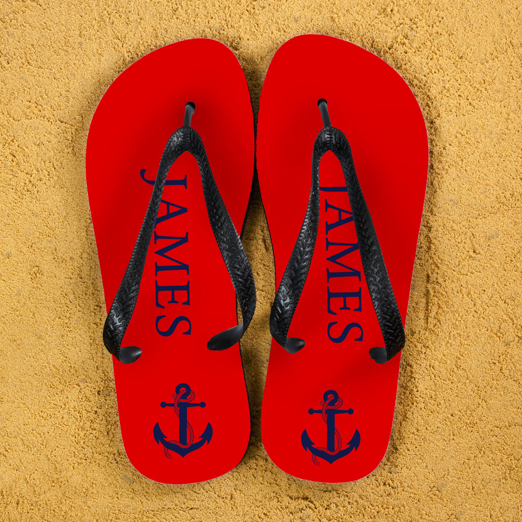 Anchor style Personalised Flip Flops in Red and Blue - treat-republic