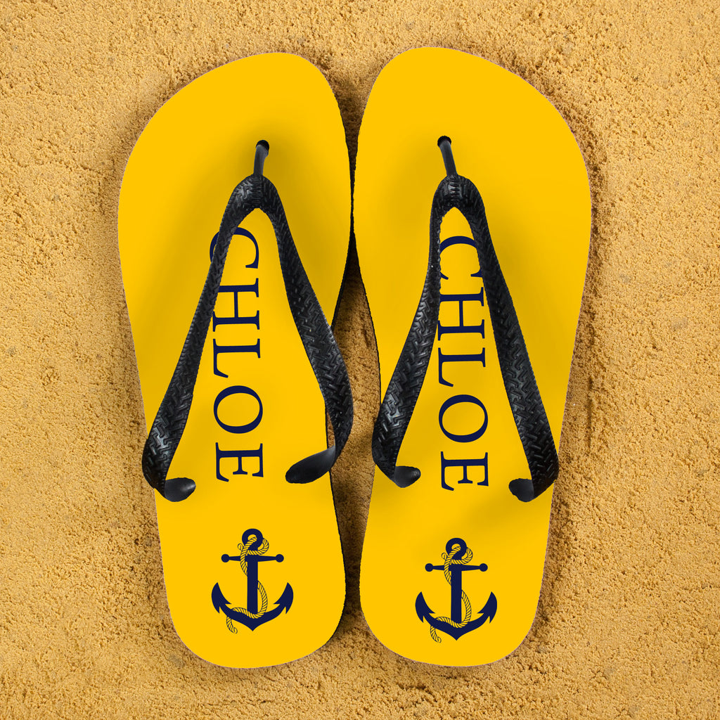 Anchor style Personalised Flip Flops in Yellow and Blue - treat-republic