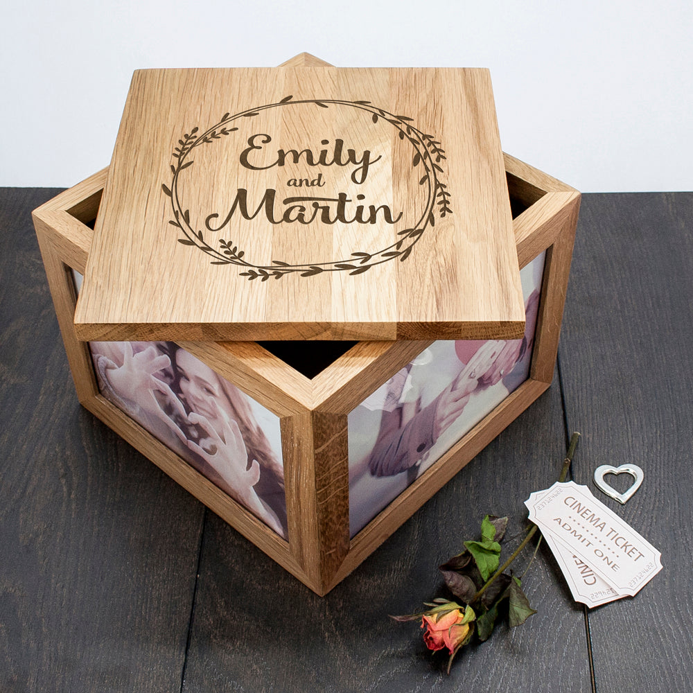 Couple's Oak Photo Keepsake Box With Wreath Design - treat-republic