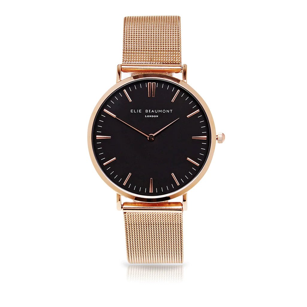 Elie Beaumont Personalised Ladies Rose Gold Mesh Strapped Watch With Black Dial