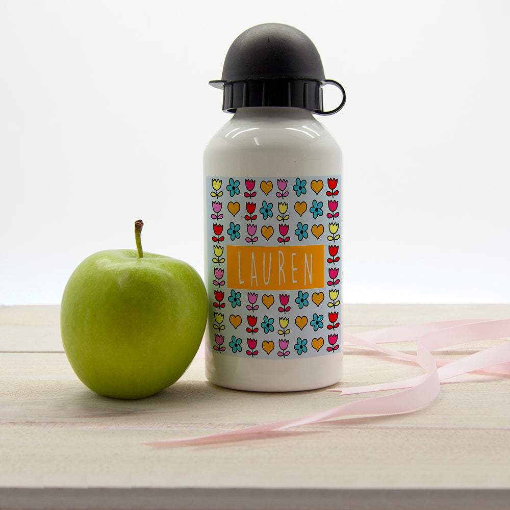 Girls Dainty Floral and Heart Personalised Water Bottle - treat-republic