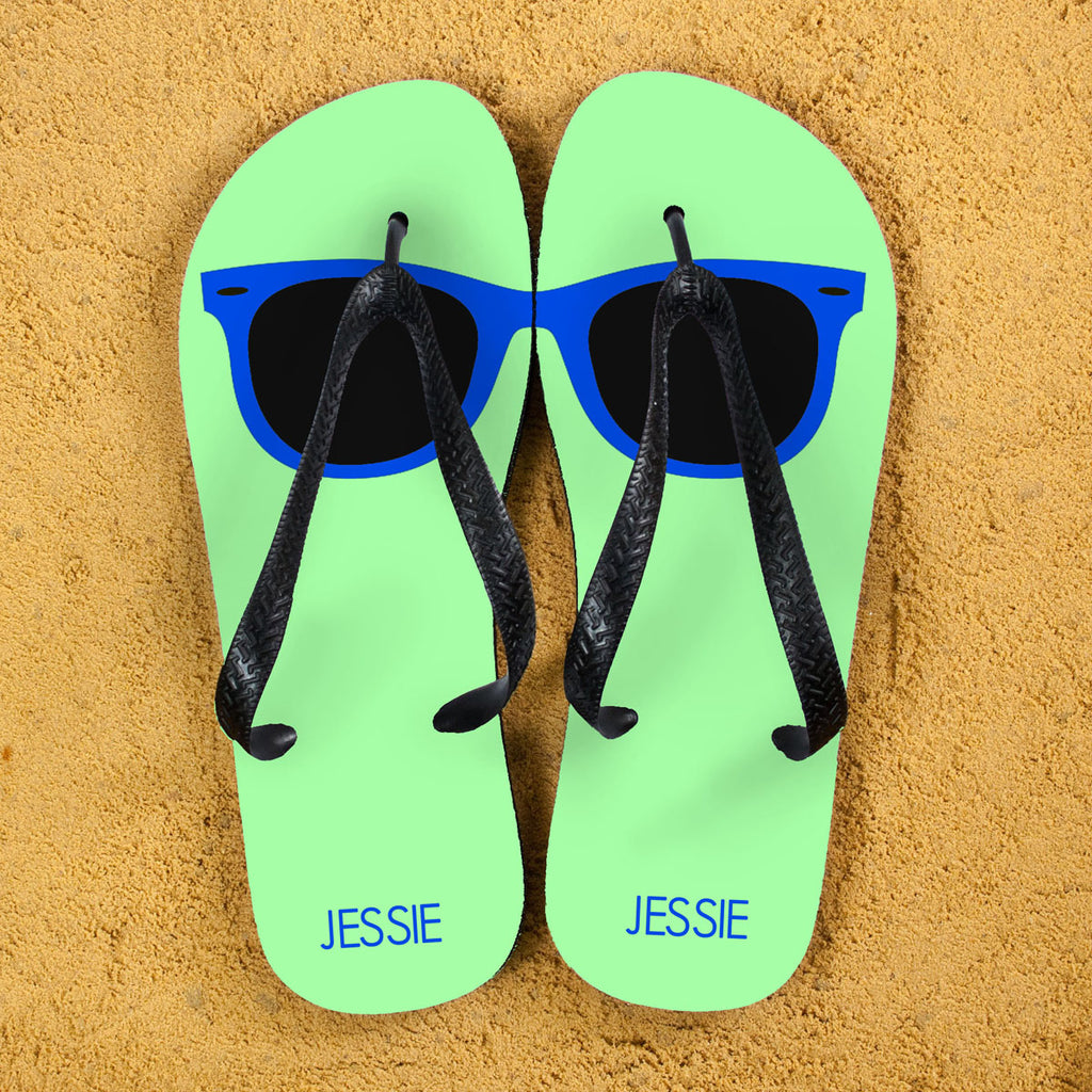 Holiday Style Personalised Flip Flops in Green and Blue - treat-republic