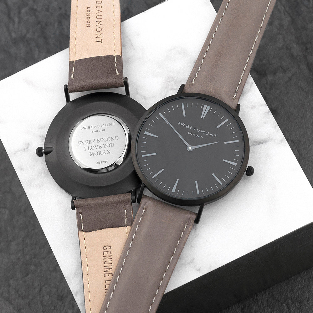 Mr Beaumont Mens Personalised Watch With Black Face in Ash - treat-republic