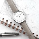 Elie Beaumont Ladies Personalised Leather Watch In Grey & Silver - treat-republic