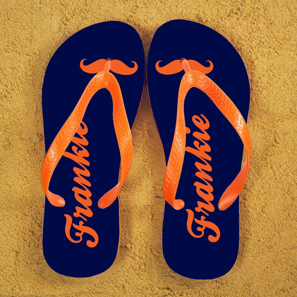 Moustache Style Personalised Flip Flops in Blue and Orange - treat-republic