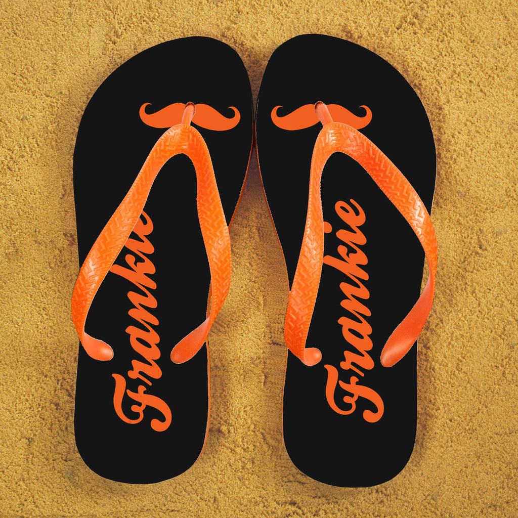 Moustache Style Personalised Flip Flops in Grey and Orange - treat-republic