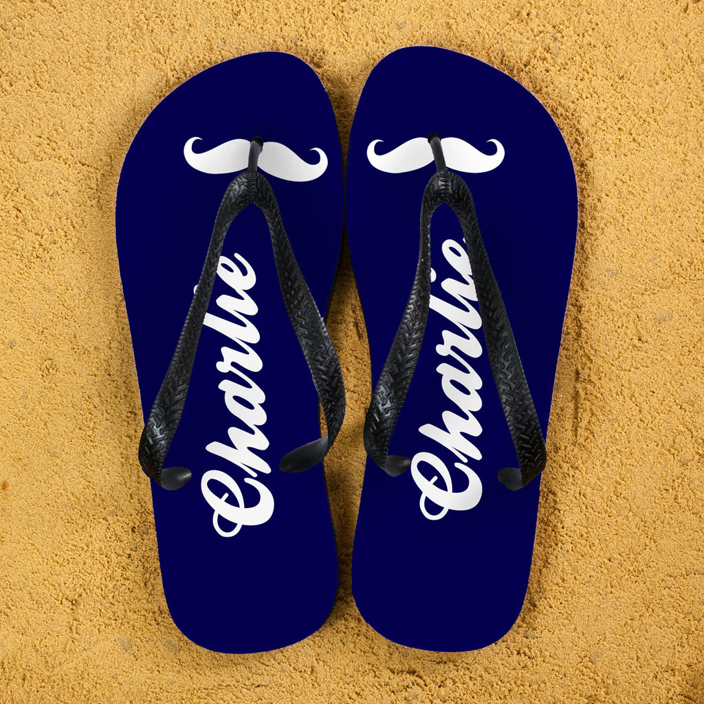 Moustache Style Personalised Flip Flops in Navy Blue - treat-republic