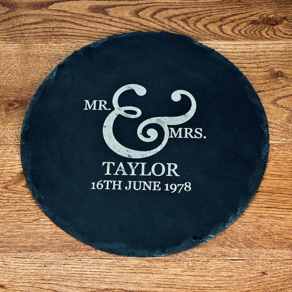 Personalised Romantic Couples Ampersand Round Slate Cheese Board - treat-republic