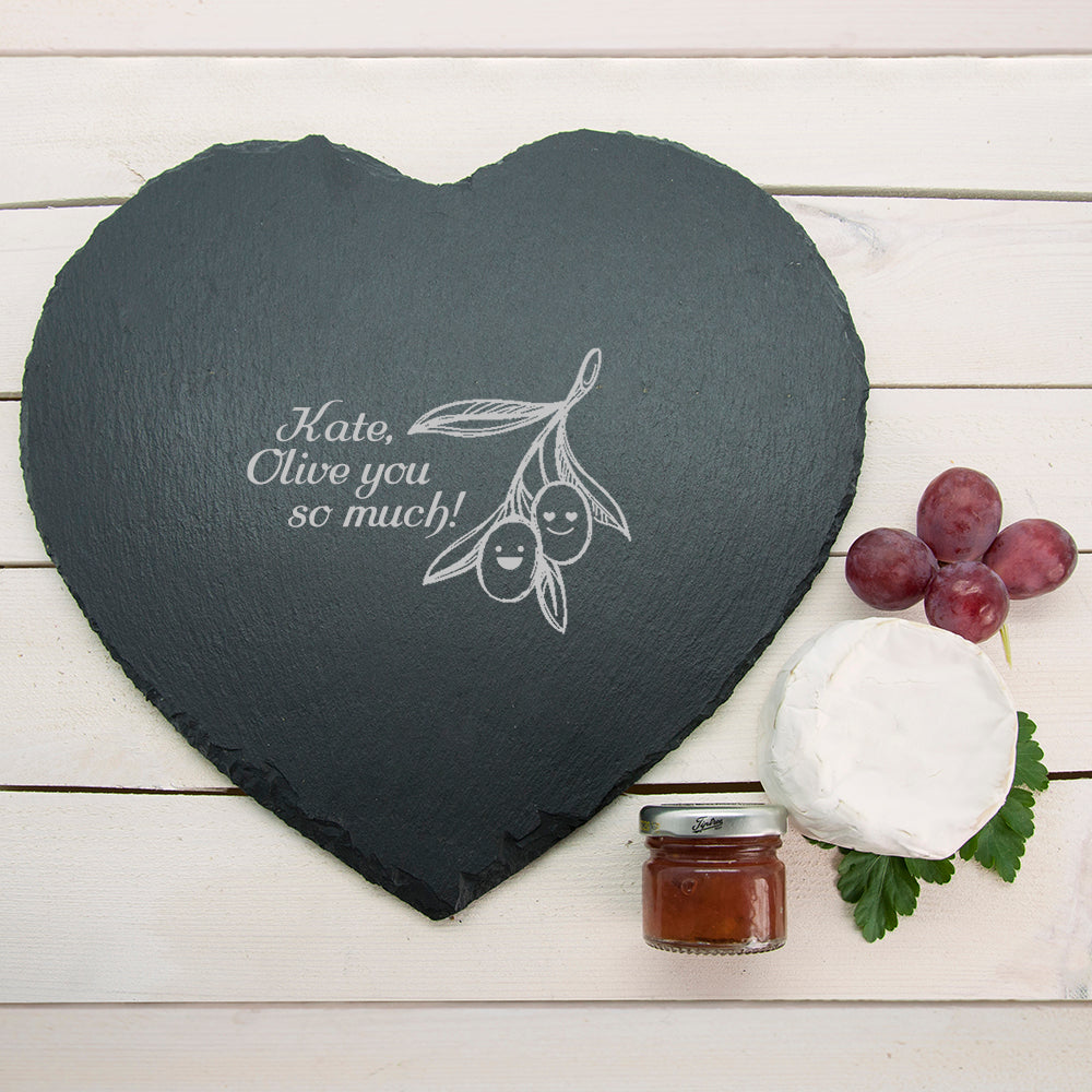 Romantic Pun "Olive You So Much" Heart Slate Cheese Board - treat-republic