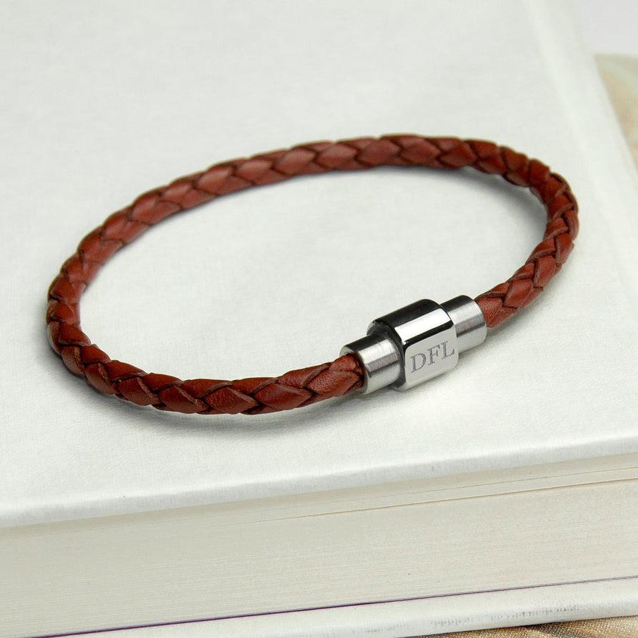 Personalised Men's Woven Leather Bracelet in Burnt Sienna - treat-republic
