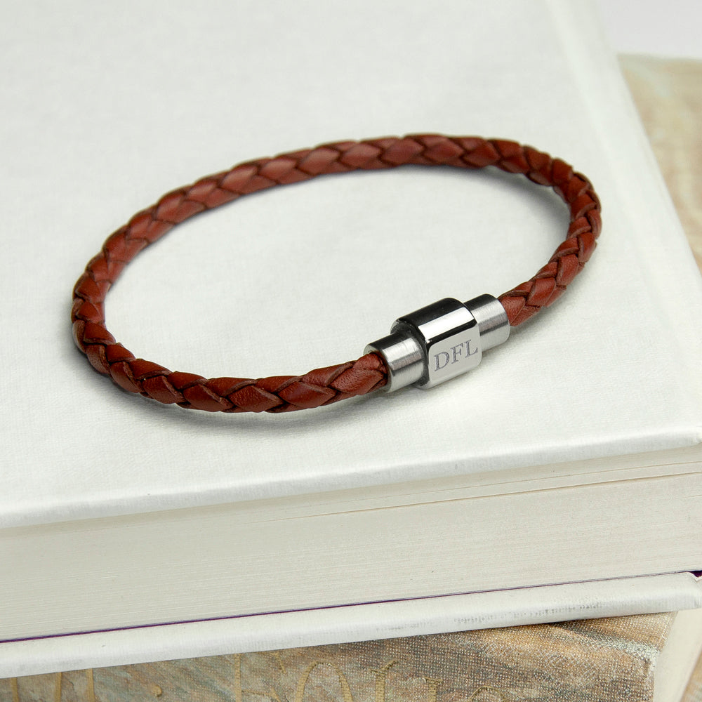 Personalised Men's Woven Leather Bracelet in Burnt Sienna - treat-republic