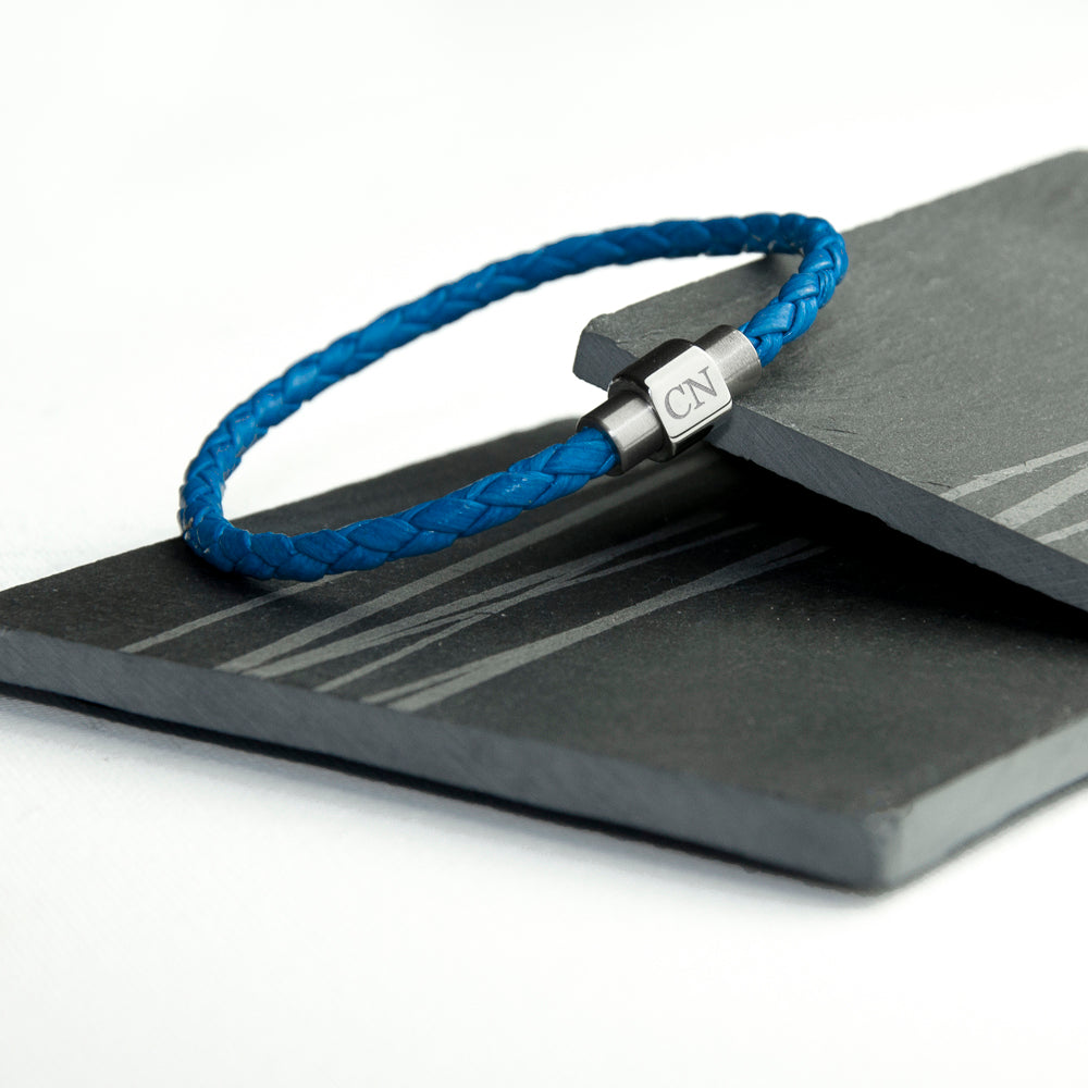 Personalised Men's Woven Leather Bracelet in Cobalt Blue - treat-republic
