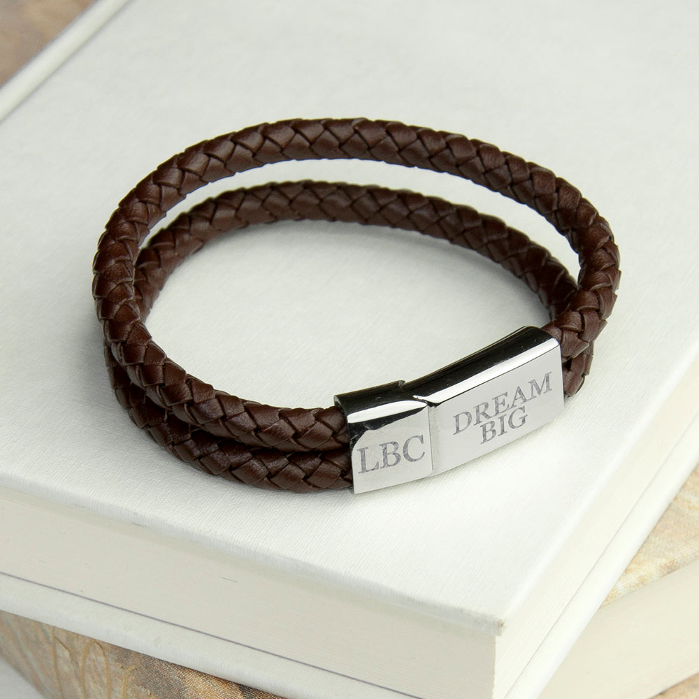 Personalised Men's Dual Leather Woven Bracelet In Umber | Gifts for Him ...