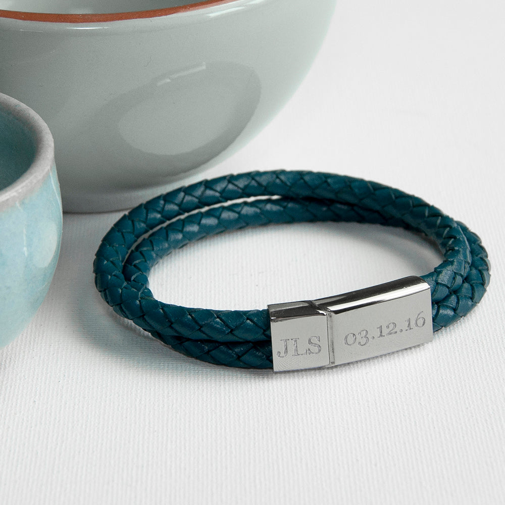 Personalised Men's Dual Leather Woven Bracelet in Teal - treat-republic