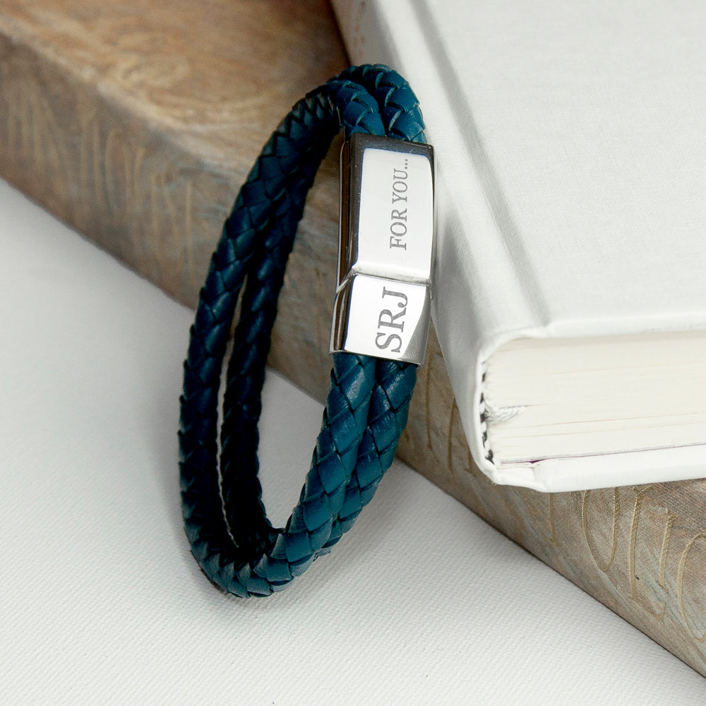 Personalised Men's Dual Leather Woven Bracelet in Teal - treat-republic