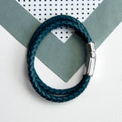 Personalised Men's Dual Leather Woven Bracelet in Teal - treat-republic