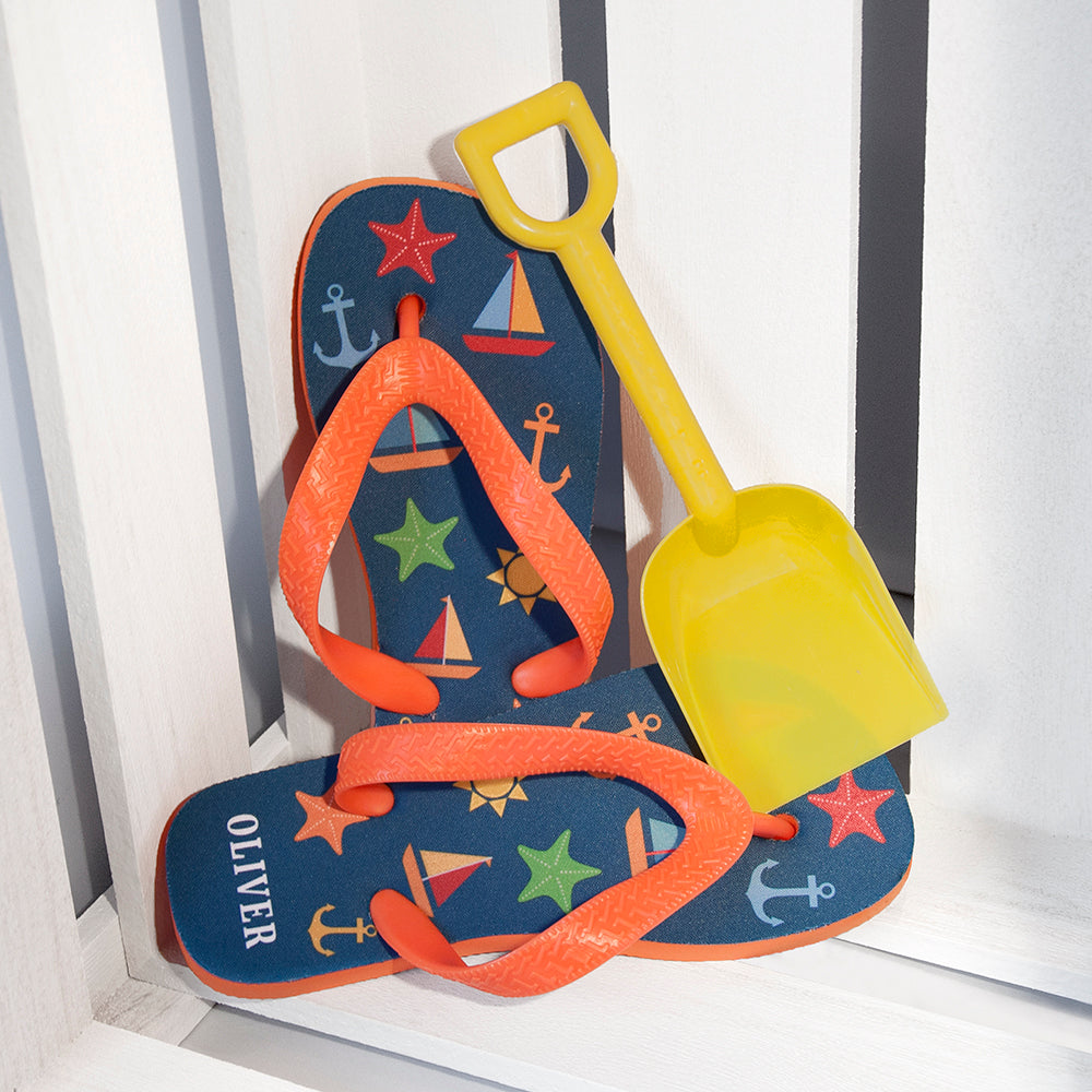 All The Fun At The Beach Child's Personalised Flip Flops In Navy - treat-republic