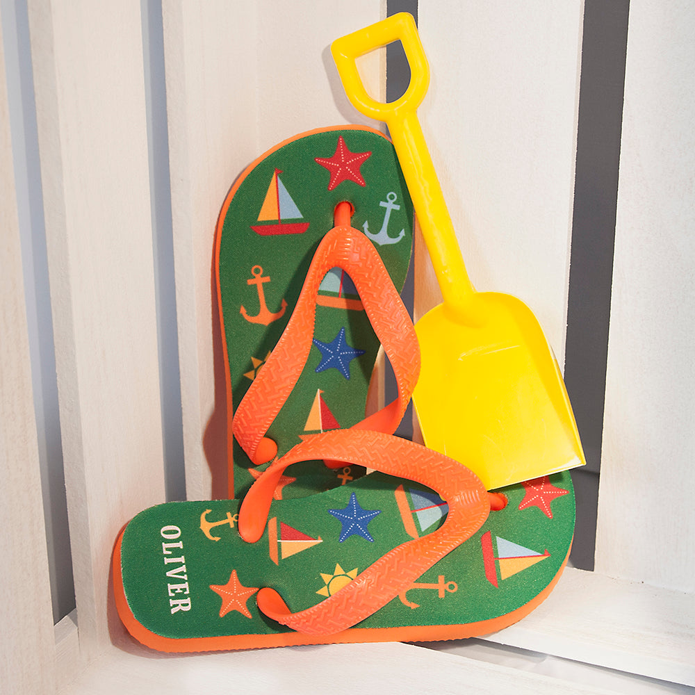 All The Fun At The Beach Child's Personalised Flip Flops In Green - treat-republic