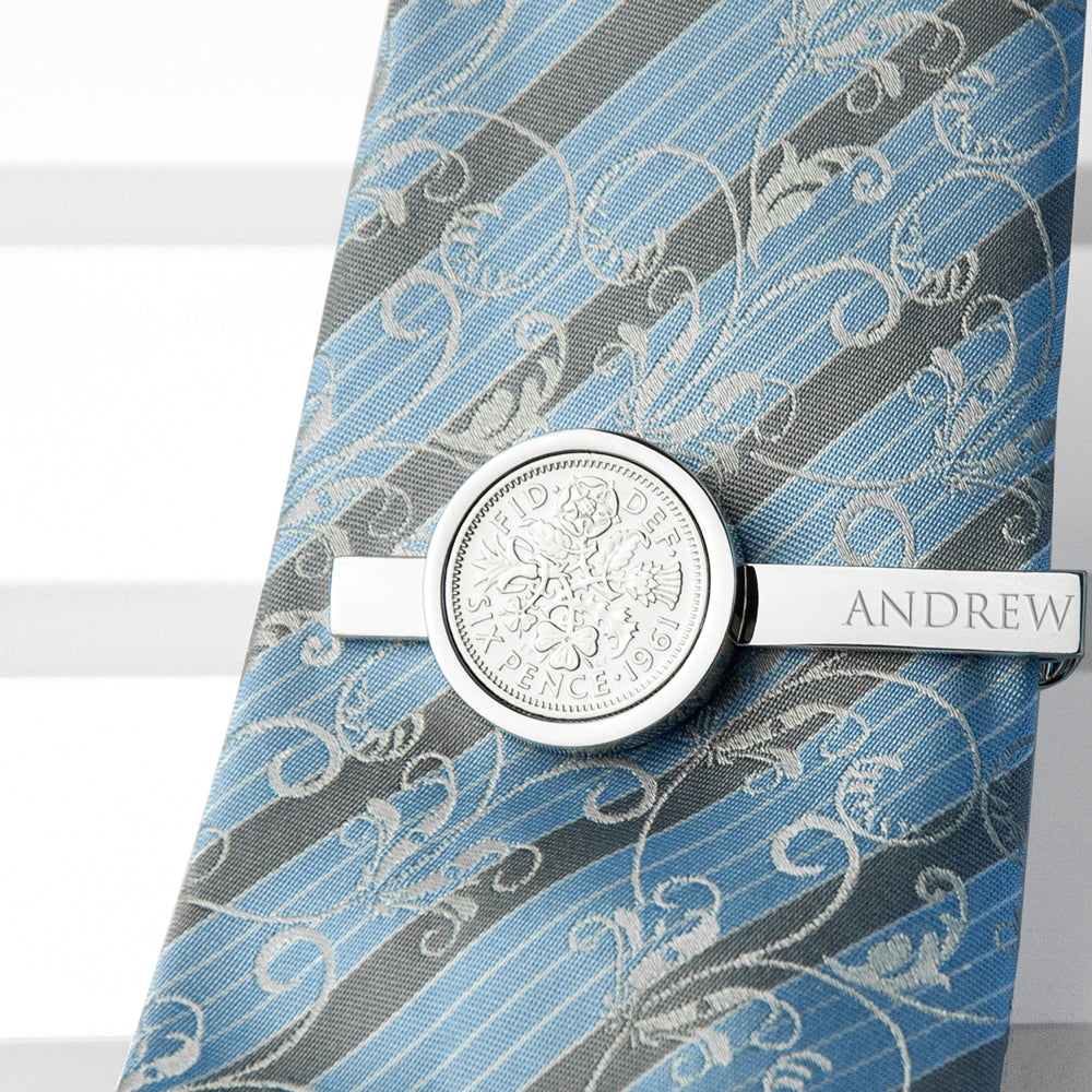 Personalised Silver Plated Lucky Sixpence Tie Clip - treat-republic