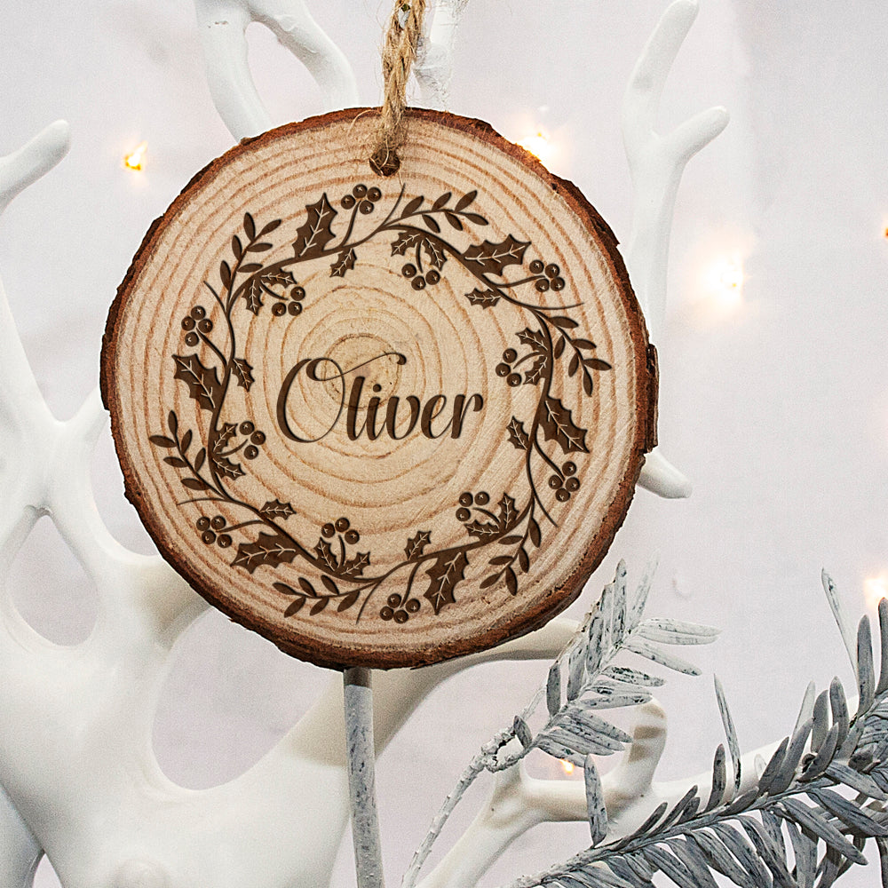 Personalised Engraved Holly Wreath Christmas Tree Decoration - treat-republic