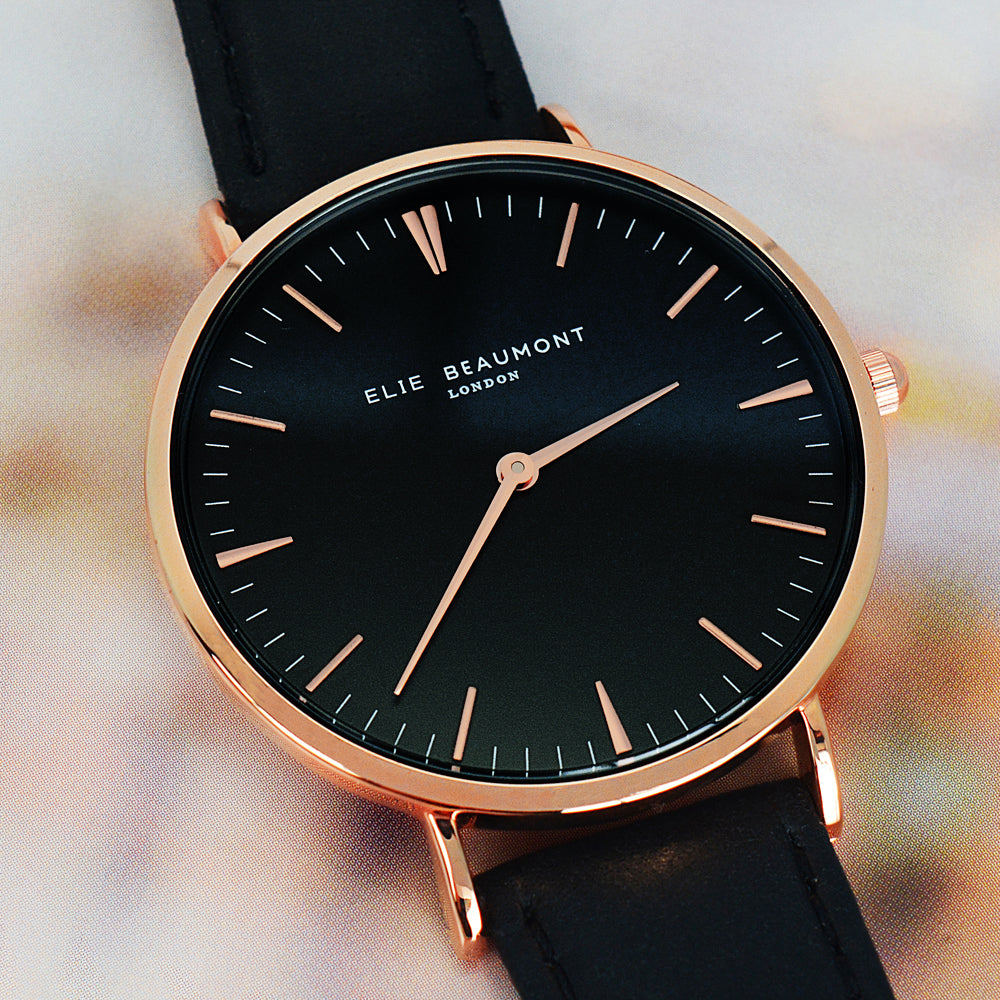 Elie Beaumont Personalised Ladies Leather Watch in Black - treat-republic