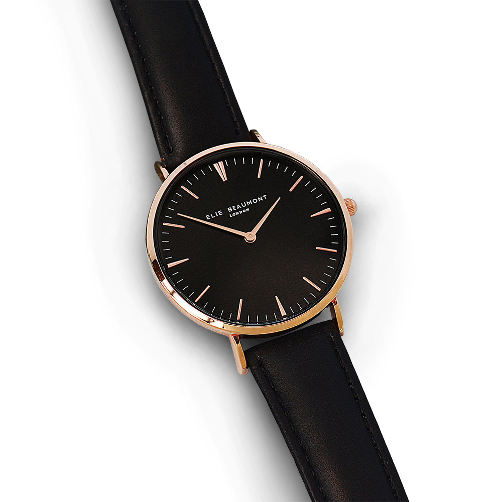 Elie Beaumont Personalised Ladies Leather Watch in Black - treat-republic