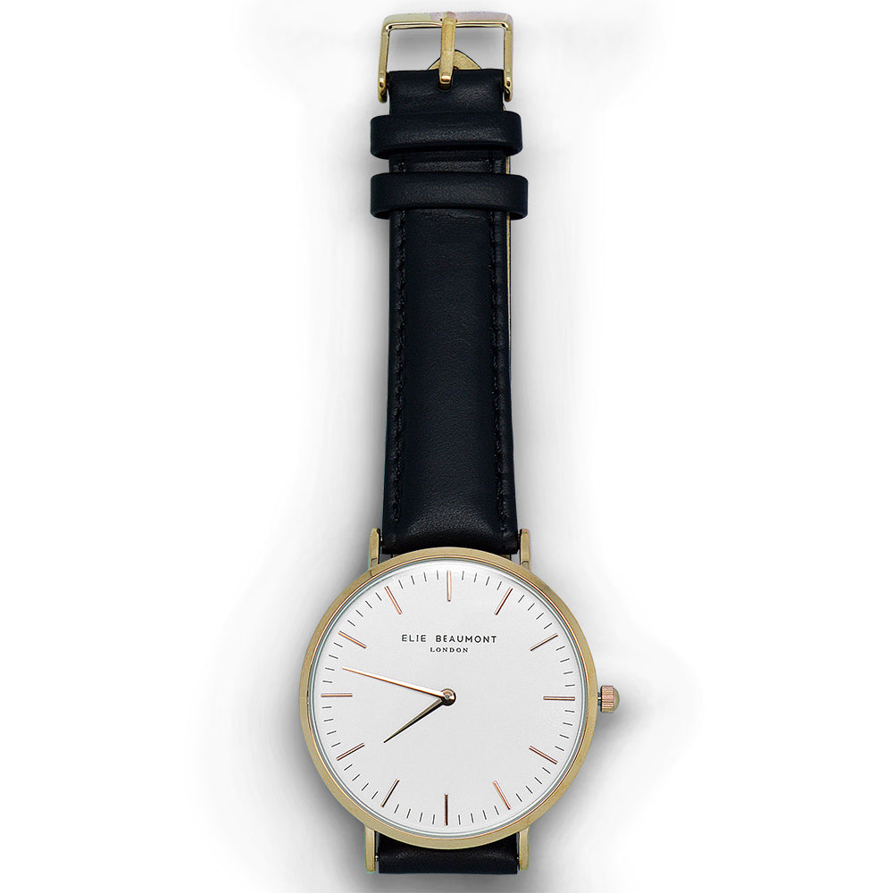 Elie Beaumont Ladies Personalised Leather Watch In Black With White Dial - treat-republic