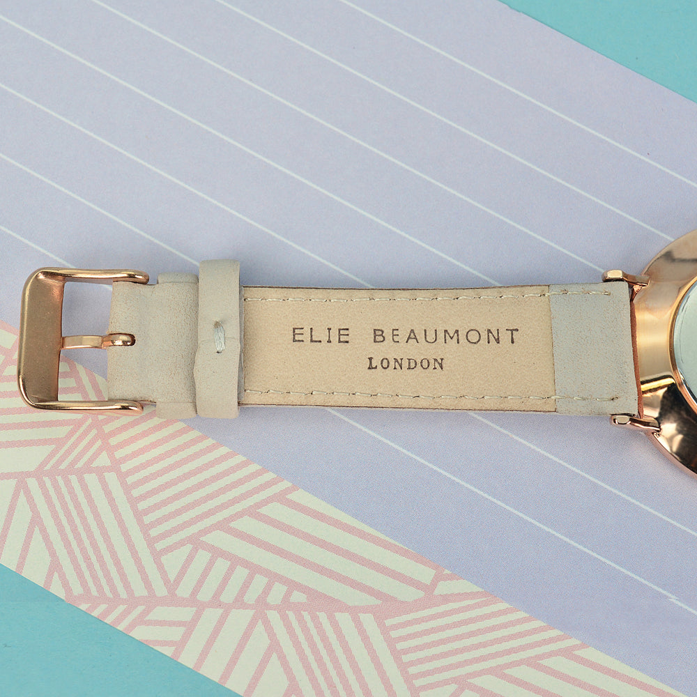 Elie Beaumont Ladies Personalised Leather Watch In Stone With Black Dial - treat-republic