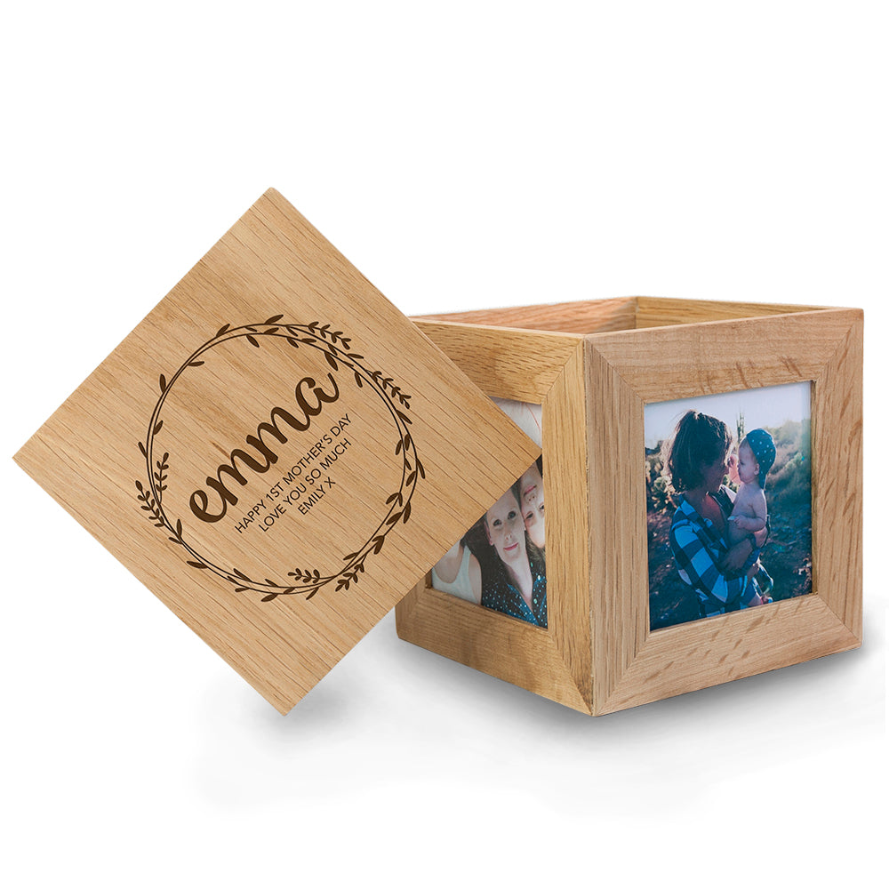 Personalised Wreath Mother's Day Oak Photo Cube - treat-republic