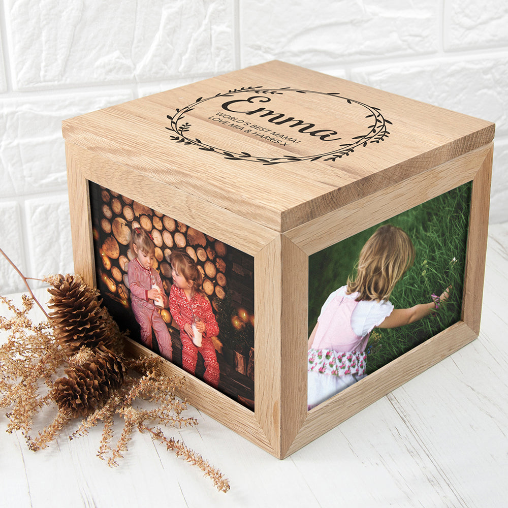 Personalised Wreath Mother's Day Large Oak Photo Cube - treat-republic