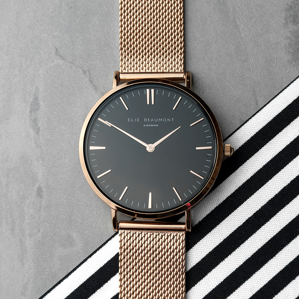 Elie Beaumont Personalised Ladies Rose Gold Mesh Strapped Watch With Black Dial - treat-republic