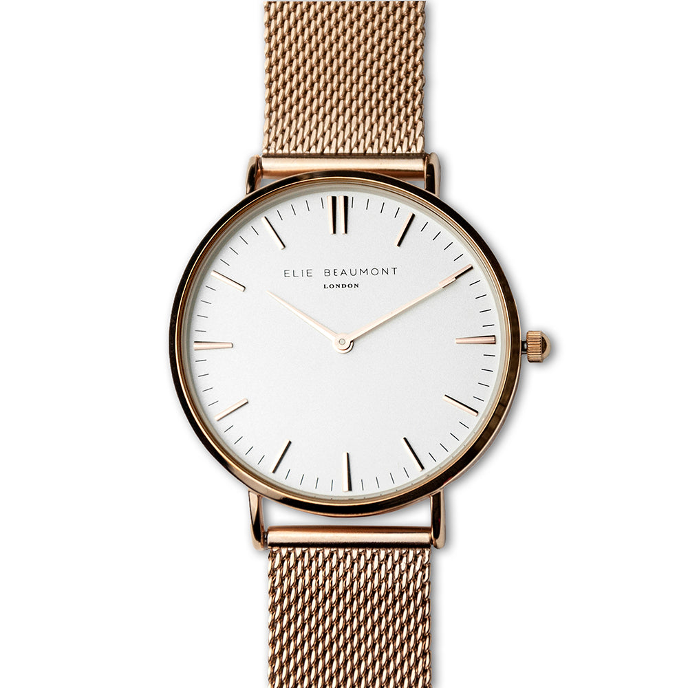 Elie Beaumont Personalised Ladies Rose Gold Mesh Strapped Watch With White Dial - treat-republic