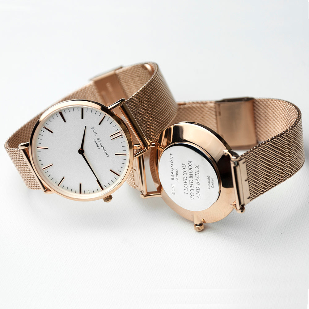Elie Beaumont Personalised Ladies Rose Gold Mesh Strapped Watch With White Dial - treat-republic