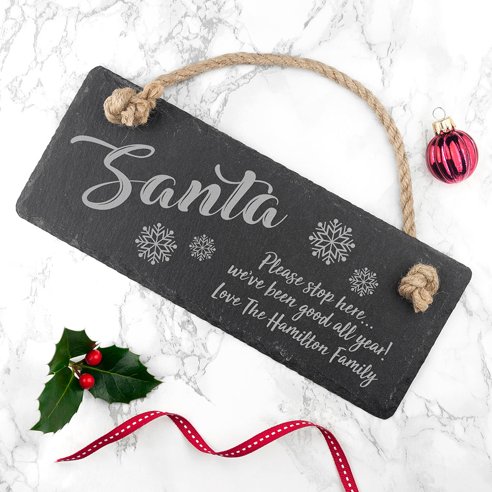 Personalised Santa Please Stop Here Slate Hanging Sign - treat-republic