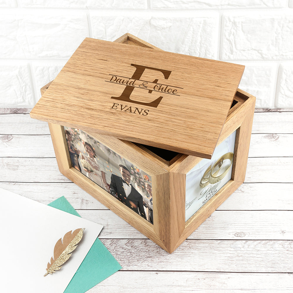 Personalised Couple Monogram Midi Oak Photo Cube Keepsake Box - treat-republic