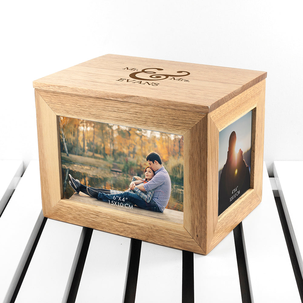 Personalised Classic Mr & Mrs Midi Oak Photo Cube Keepsake Box - treat-republic