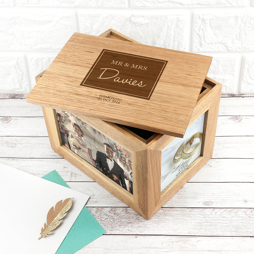 Personalised Contemporary Mr & Mrs Midi Oak Photo Cube Keepsake Box - treat-republic