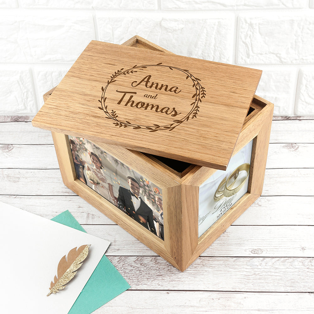 Personalised Couples' Midi Oak Photo Cube Keepsake Box With Wreath Design - treat-republic