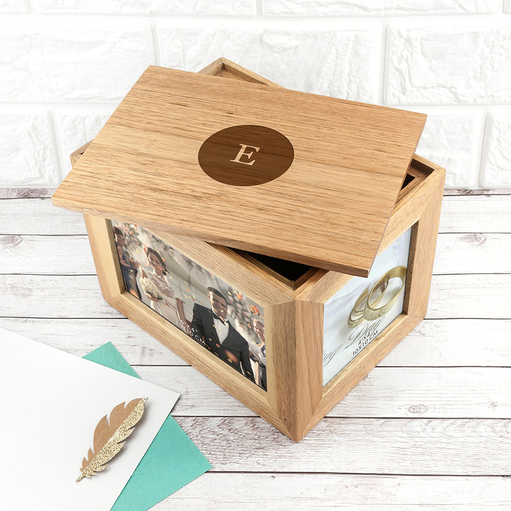 Personalised Midi Oak Photo Cube Keepsake Box With Initials - treat-republic