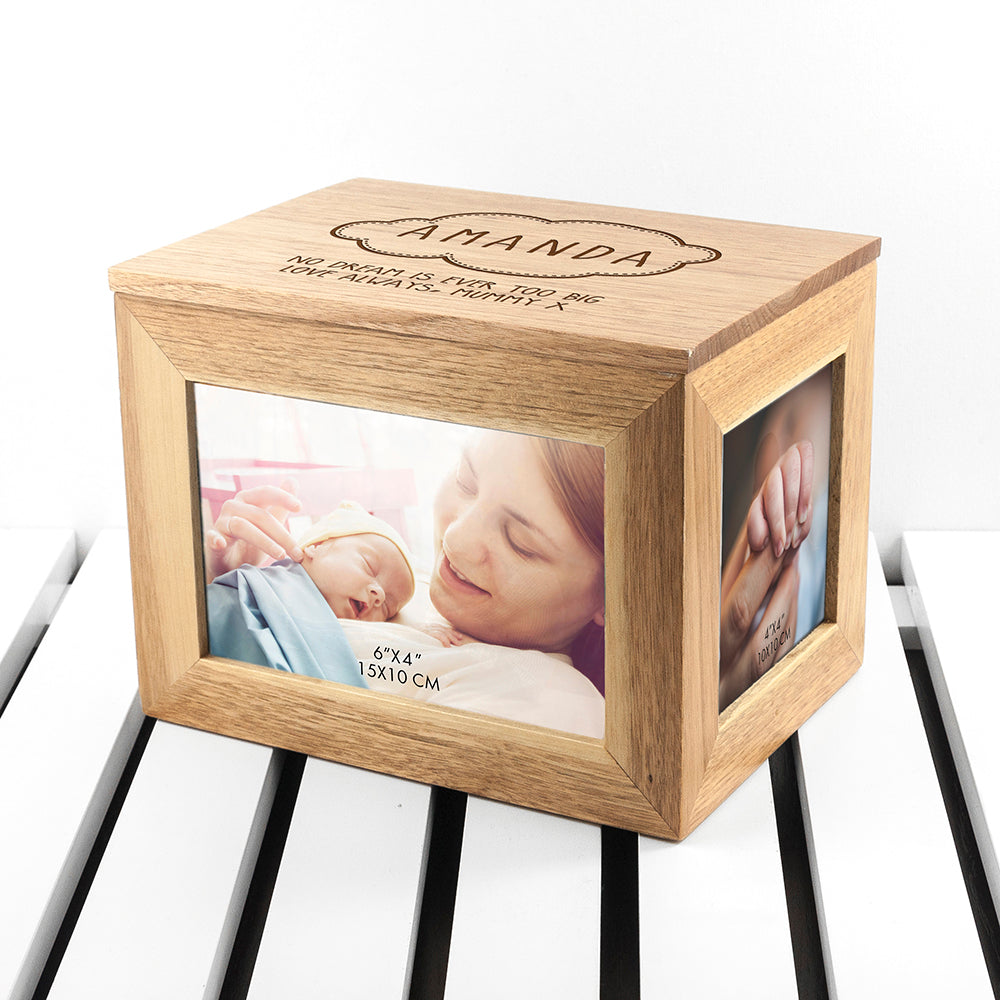 Personalised Baby Name In Cloud Midi Oak Photo Cube Keepsake Box - treat-republic