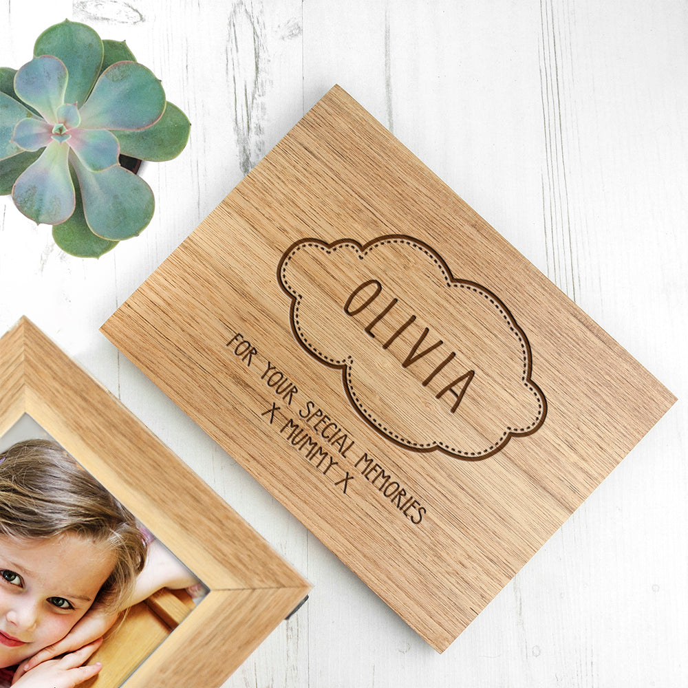 Personalised Baby Name In Cloud Midi Oak Photo Cube Keepsake Box - treat-republic