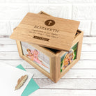 Personalised Christening Cross Midi Oak Photo Cube Keepsake Box - treat-republic
