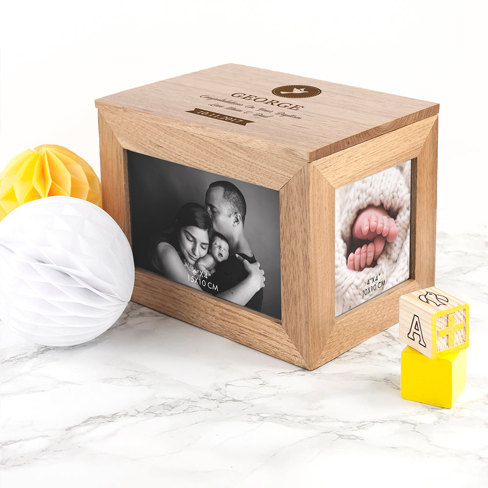Personalised Christening Cross Midi Oak Photo Cube Keepsake Box - treat-republic