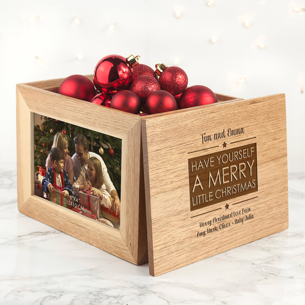 Personalised Merry Christmas Midi Oak Photo Cube Keepsake Box - treat-republic
