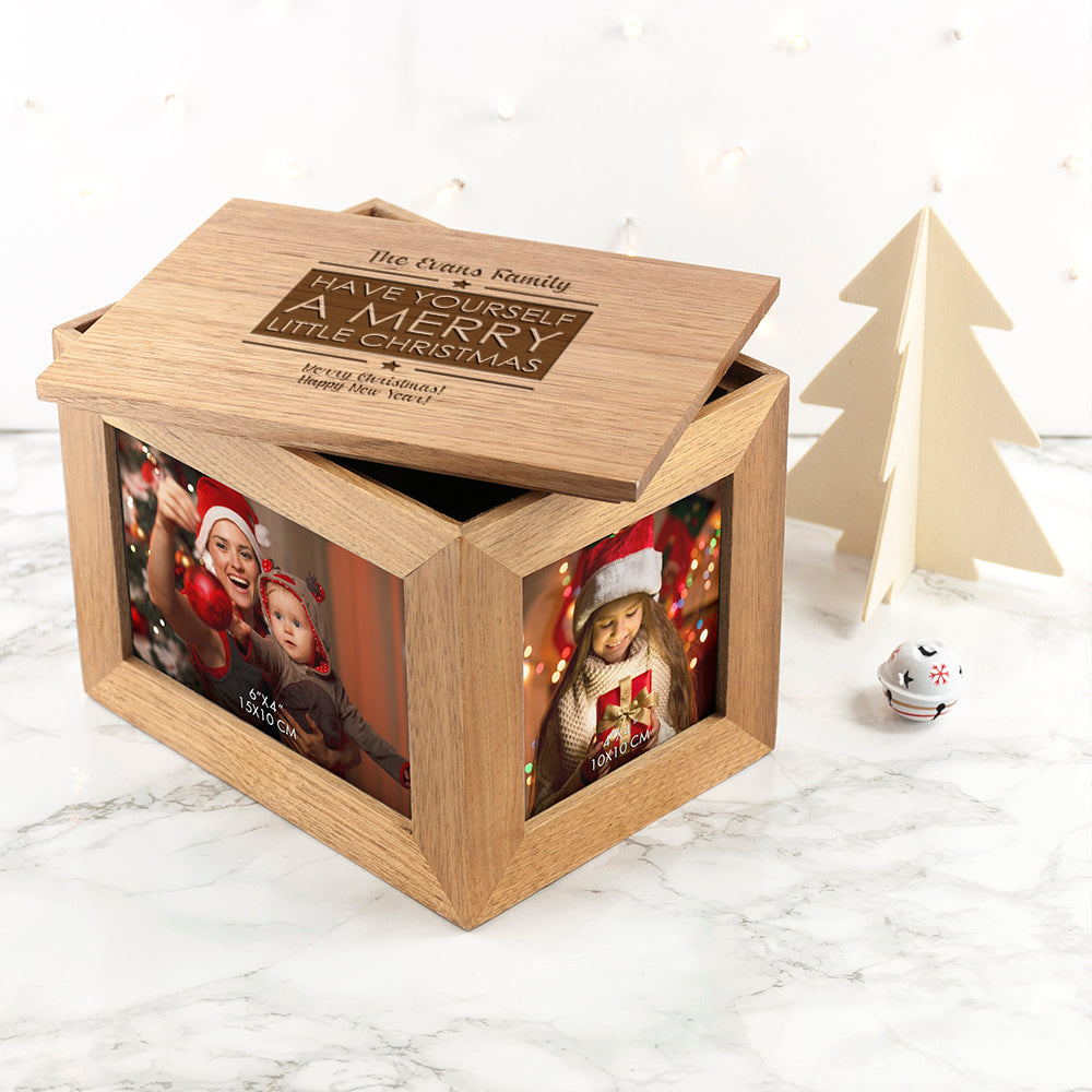 Personalised Merry Christmas Midi Oak Photo Cube Keepsake Box - treat-republic