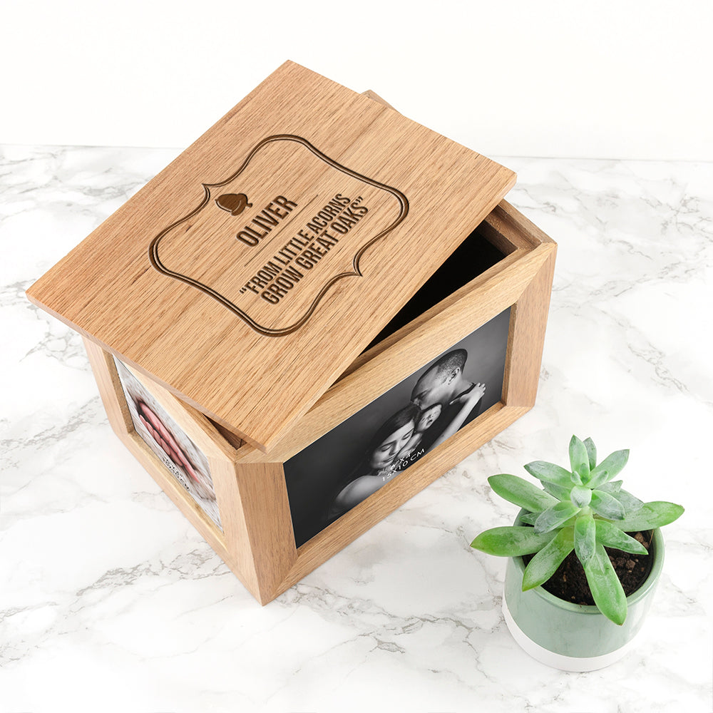 Personalised Little Acorn Midi Oak Photo Cube Keepsake Box - treat-republic