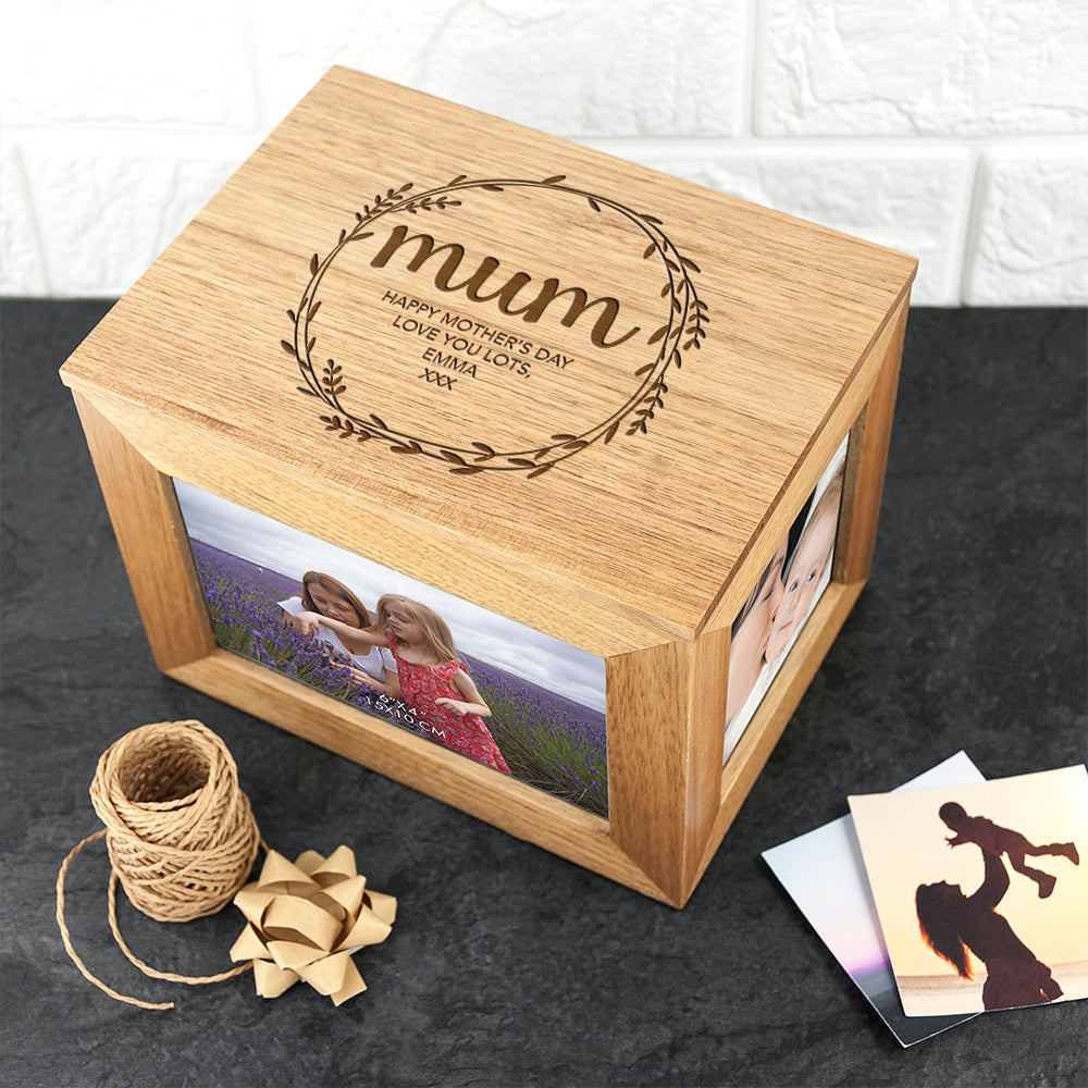Personalised Wreath Mother's Day Midi Oak Photo Cube Keepsake Box - treat-republic
