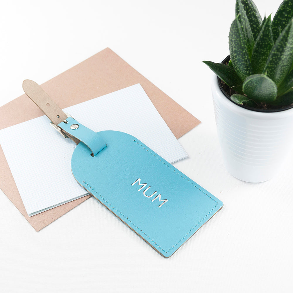 Personalised Pastel Blue Foiled Leather Luggage Tag - treat-republic